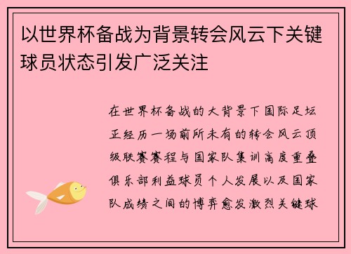 以世界杯备战为背景转会风云下关键球员状态引发广泛关注